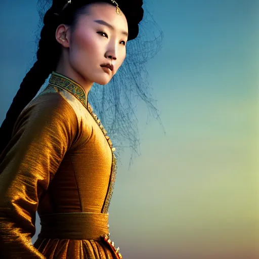 Image similar to photographic portrait of a stunningly beautiful renaissance mongol female in traditional dress in soft dreamy light at sunset, contemporary fashion shoot, by edward robert hughes, annie leibovitz and steve mccurry, david lazar, jimmy nelsson, breathtaking, 8 k resolution, extremely detailed, beautiful, establishing shot, artistic, hyperrealistic, beautiful face, octane render