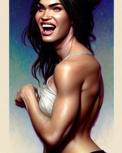 Image similar to portrait of megan fox laughing, intricate, headshot, highly detailed, digital painting, artstation, concept art, sharp focus, cinematic lighting, illustration, art by artgerm and greg rutkowski, alphonse mucha, cgsociety