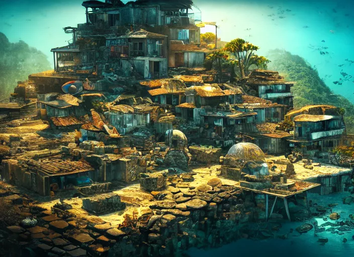 Prompt: ancient ruins favela, underwater environment, scenery, professional, award - winning, trending on artstation, hyper detailed, realistic, beautiful, emotional, shiny, golden, picture