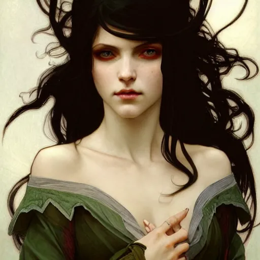 Image similar to Portrait of a pretty half-elf half-vampire young woman. Her hair is both black and white. Her eyes have red irises and vertical pupils. Art by Greg Rutkowski and Alphonse Mucha