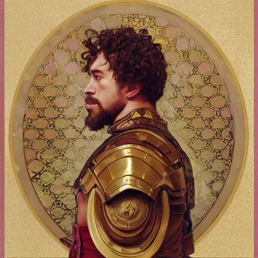 Prompt: Sam Hyde as a Roman warrior wearing gold and red armor, elegant suit, smoking a cigarette, portrait art by alphonse mucha and greg rutkowski, highly detailed, digital painting, concept art, illustration, dim lighting with twilight rays of sunlight, trending on artstation, very detailed, smooth, sharp focus, octane render, close up