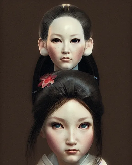 Image similar to hyper realistic photo portrait android porcelain doll face geisha cinematic, artstation, cgsociety, greg rutkowski, james gurney, mignola, craig mullins, brom, ghibli