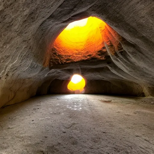 Image similar to photo inside a cave of a building and a giant orange glowing transparent shadow humanoid of one thousand feet of height