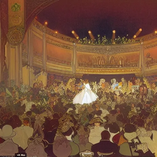 Image similar to painting by alphonse mucha, interior of an opera house with a singer in a white dress on a lighted stage with an orchestra and audience in the hall