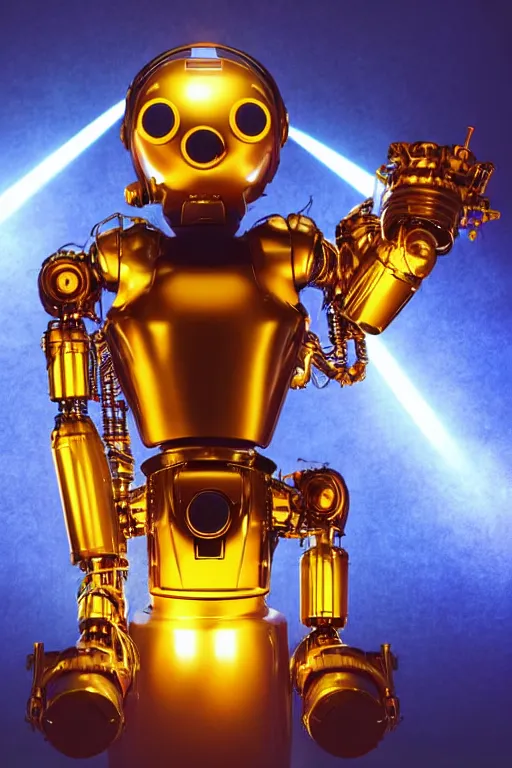 Image similar to portrait photo of a giant huge golden and blue metal humanoid steampunk robot singer with headphones and big gears and tubes, a red glowing microphone on a tripod, eyes are glowing red lightbulbs, shiny crisp finish, 3 d render, 8 k, insaneley detailed, fluorescent colors, background is multicolored lasershow