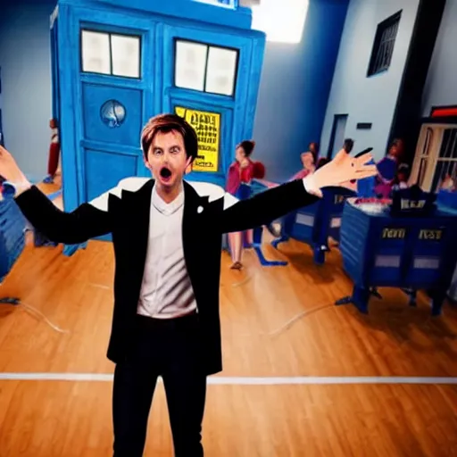 Image similar to closeup promotional image of an David Tennant as Doctor Who at a polka dance-off contest at the YMCA basketball gym, around the gym everyone is cheering, in the background the Tardis door is wide open to the interior, frenetic, quirky, movie still, promotional image, imax, 4K