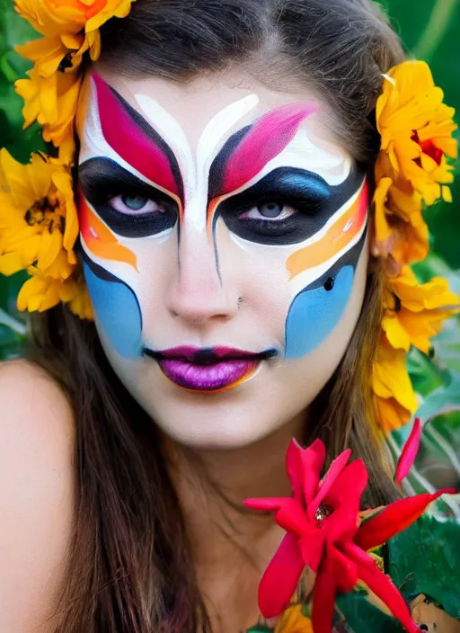 Prompt: stunning portrait photograph of a beautiful woman with her face painted. face painting of beautiful flowers. rich colors.