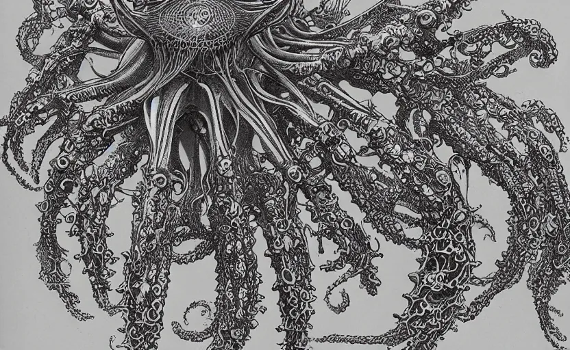 Image similar to sci - fi biomechanical, monster character design, fantasy. intricate jellyfish crab eagle lizard biomechanical. by ernst haeckel