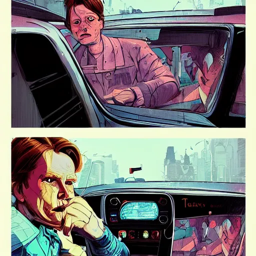 Image similar to a study of cell shaded picture of marty mcfly concept art, illustration, taxi cab, post grunge, concept art by josan gonzales and wlop, by james jean, Victo ngai, David Rubín, Mike Mignola, Laurie Greasley, highly detailed, sharp focus, alien, Trending on Artstation, HQ, deviantart, art by artgem