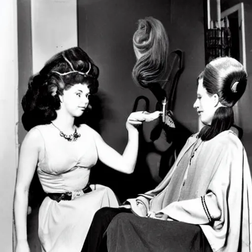 Image similar to Medusa the Gorgon chatting with her hairdresser at the salon in the 50s