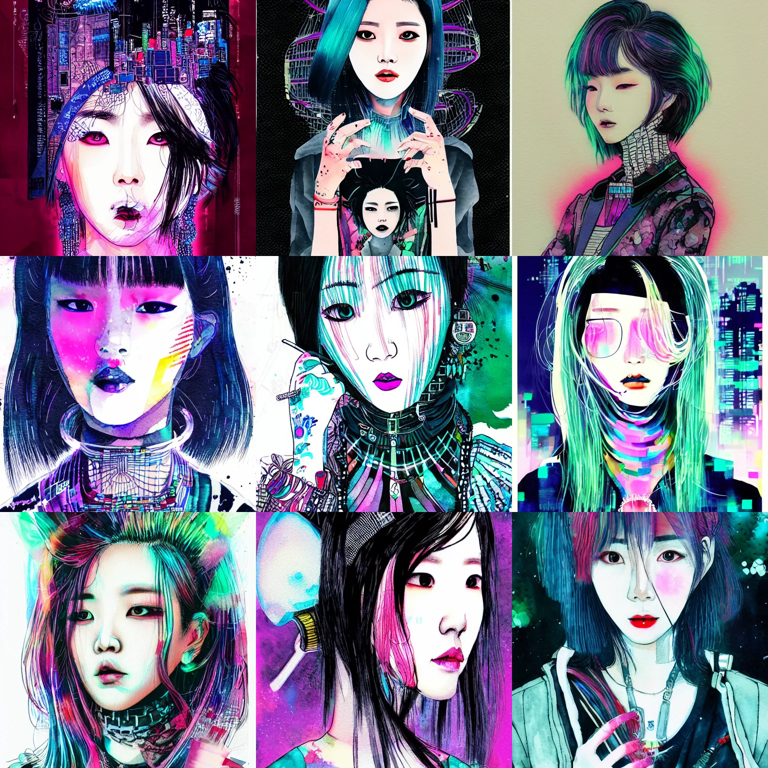 Prompt: korean women's fashion witch, intricate watercolor cyberpunk vaporwave portrait by tim doyle