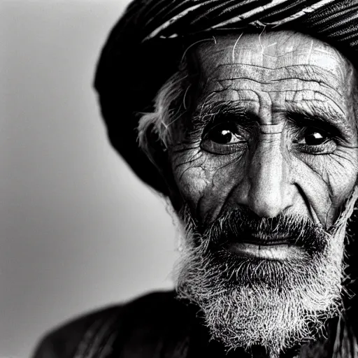 Image similar to black and white photo, portrait of 80 year old afghan man by richard avedon, realistic, Leica, medium format, cinematic lighting, parallax, high resolution,