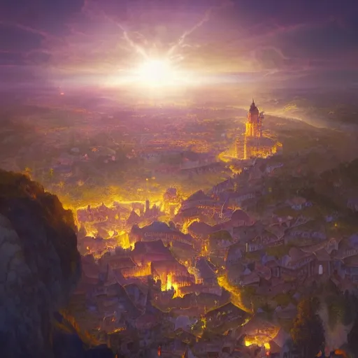 Prompt: aerial view of a medieval town situated below an orb of light hanging in the sky. bright orb, by alan lee by peter mohrbacher, trending on artstation sharp focus vfx key shot