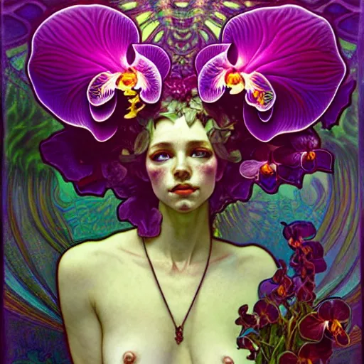 Image similar to surreal psychedelic complex abundant orchid flower, lsd, diffuse lighting, art by collier, albert aublet, krenz cushart, artem demura, alphonse mucha