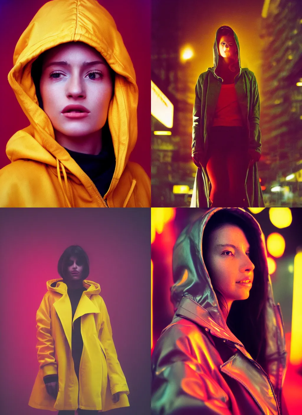Prompt: A hyper realistic and detailed head portrait photography of a woman wearing a futuristic yellow raincoat with hoodie by annie leibovitz. Neo noir style. Cinematic. Swirly bokeh. Red neon lights and glow in the background. Cinestill 800T film. Lens flare.