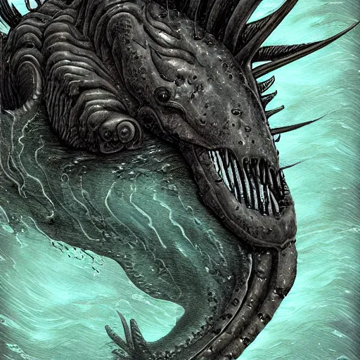 Prompt: sea monster looks like ship, deep dark sea, marine animal, highly detailed, digital painting, smooth, sharp focus