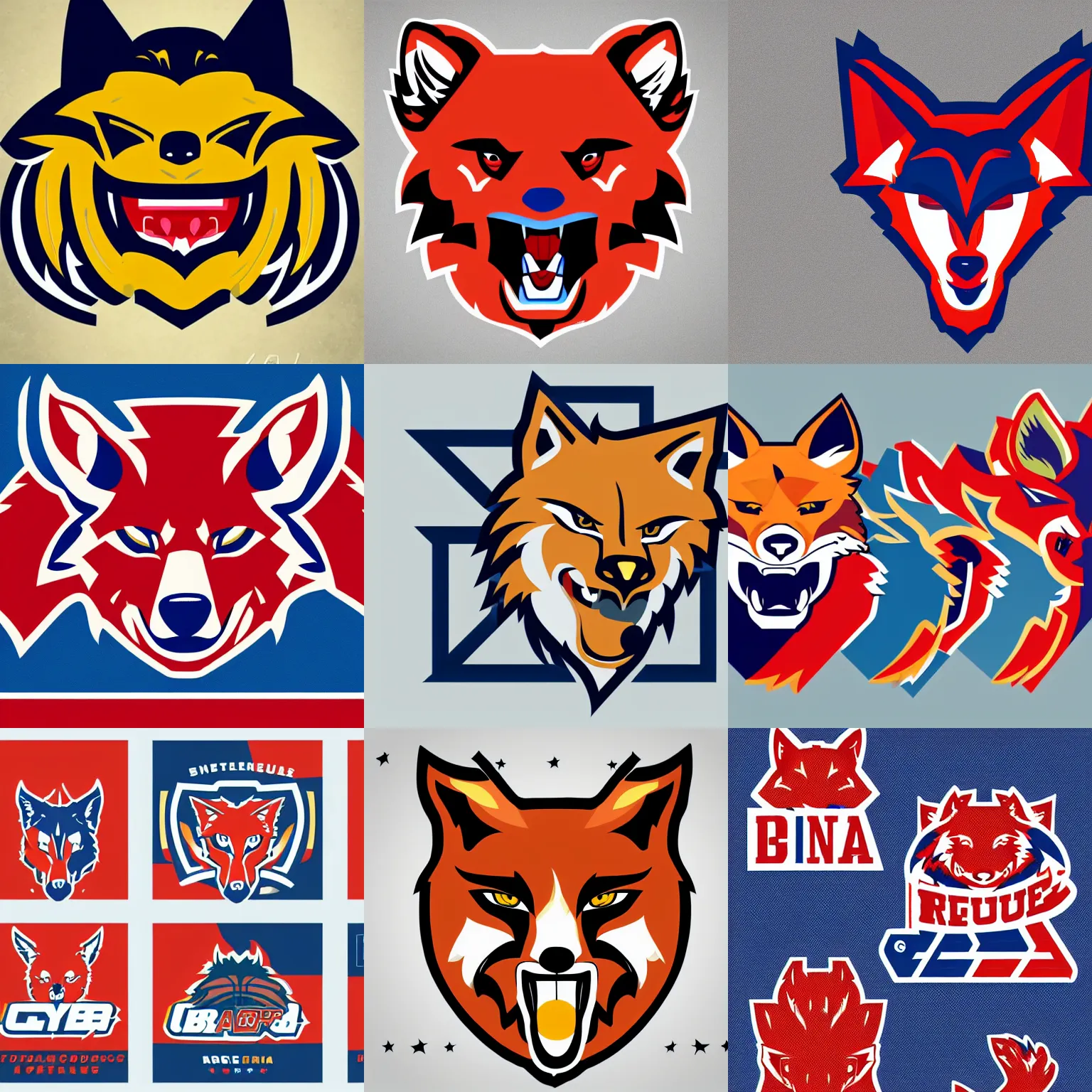 Prompt: Brand guidelines for a sports team with a coyote mascot, side profile, brand colours are red and blue, fierce, angry, hairy, vector, vectorised, pixel perfect, professional graphic design, NBA logo, NBA logo