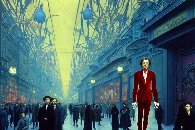 Image similar to realistic detailed photorealistic film portrait shot of a single skeleton wearing crimson velvet blazer in a crowded futuristic moscow street by Denis Villeneuve, Amano, Yves Tanguy, Alphonse Mucha, Ernst Haeckel, Andrei Tarkovsky, Edward Robert Hughes, Roger Dean, rich moody colours, wide angle, blue eyes