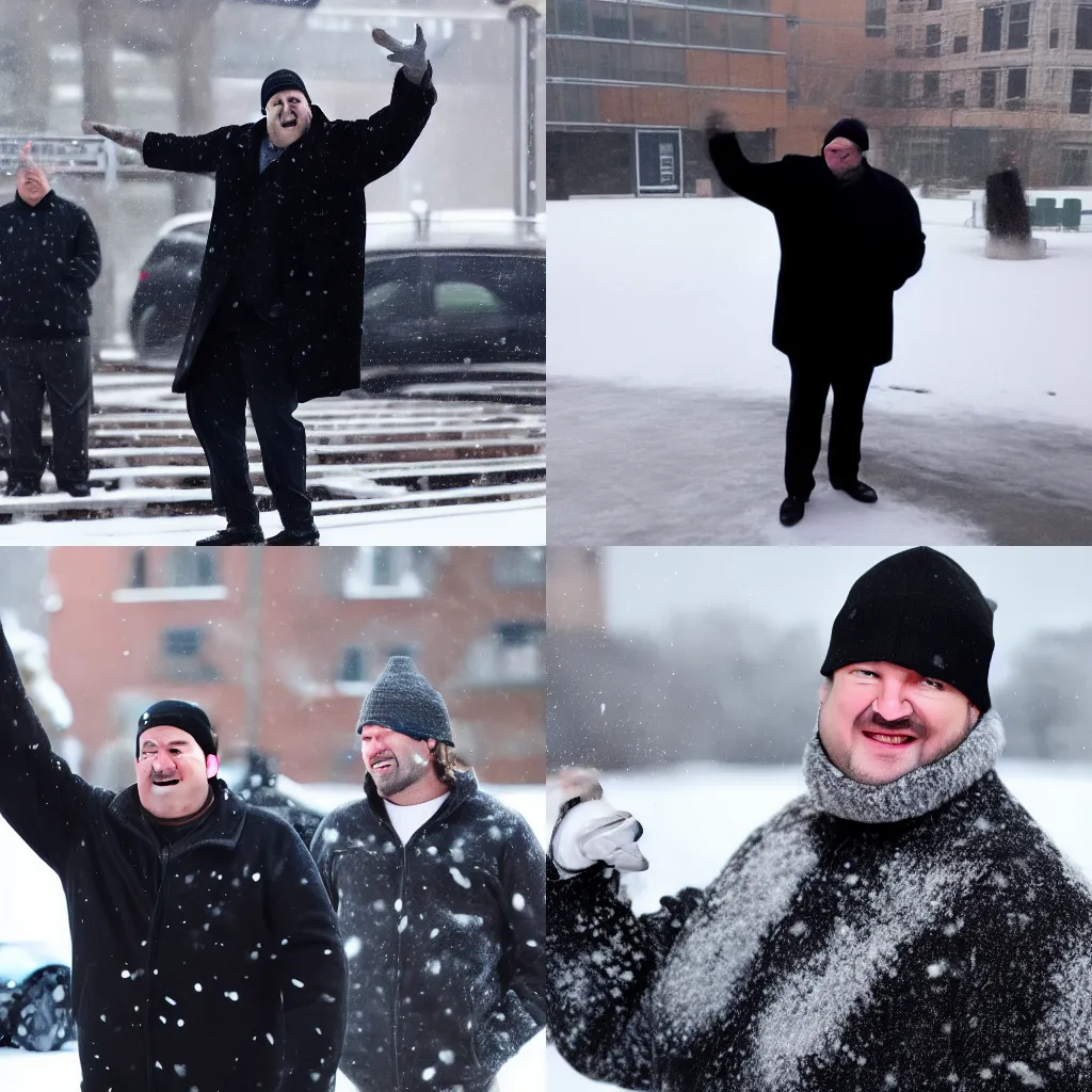 Prompt: Kevin Malone wearing a black beanie hat and black wool overcoat standing in a snowy parking pumping his fists in the air in excitement