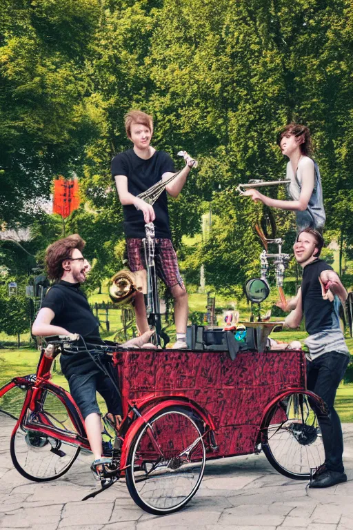 Image similar to potrait of band playing in the park with christiania cargobike. Summer. High definition, Cinematography, mega scans, cinematic, hyper realistic, photo realistic, cinematic composition, highly detailed, vray, 8k render