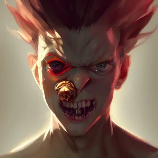 Prompt: beautiful portrait of a very confident, smirking, hisoka morow, hyper realistic, sharp, greg rutkowski, wlop, loish, dishonored 2, soft lighting