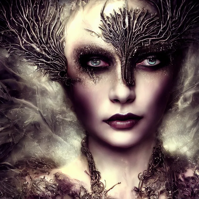 Image similar to mindblowing portrait of the enchantress queen, a stunning timeless beauty, breathtaking eyes, perfect skin, feathered eyelashes, royal gothic dress with a lot of leather, heavy silent hill aesthetic, incredibly intricate, digital art, blender, houdini & photoshop, very elegant & complex, hyper-maximalist, overdetailed, epic cinematic quality, biblical art lighting, photorealistic, lifelike, OLED, DSLR HDR 8k, face is the focus, facial feature symmetry, hyper composed, created by Nixeu & z--ed from deviantart