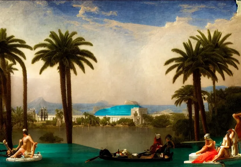 Image similar to Palace floating in the sky, 1km tall, thunderstorm, greek pool, beach and palm trees on the background major arcana sky, by paul delaroche, hyperrealistic 4k uhd, award-winning, very very very detailed