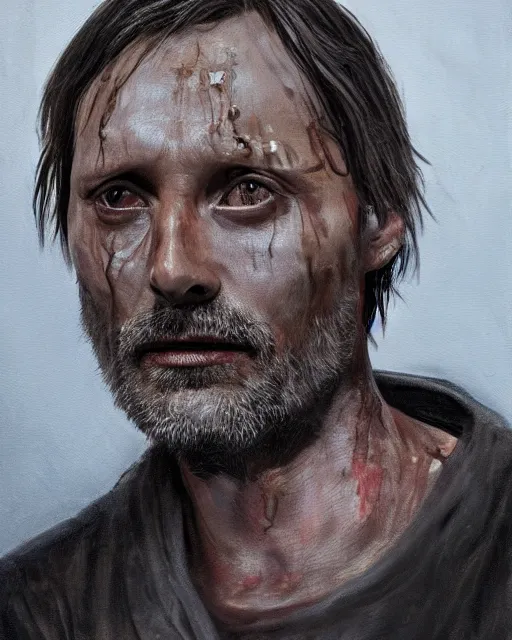 Prompt: mads mikkelson as clifford unger from death stranding, tears of tar, mysterious portrait, oil painting, black background