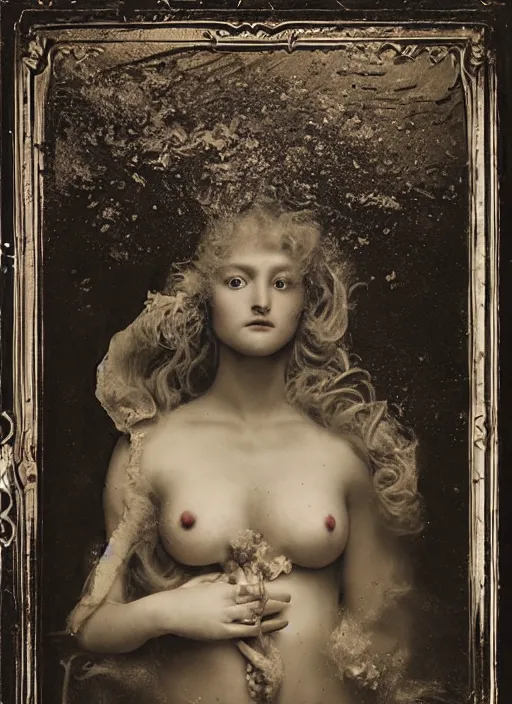 Image similar to old wetplate daguerreotype birth of venus, fractal, intricate, elegant, highly detailed, parallax, leica, medium format, subsurface scattering, by jheronimus bosch and greg rutkowski and louis jacques mande daguerre