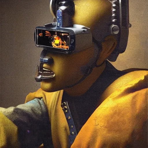 Image similar to Vermeer photographed photorealistic vfx movie cyberpunk aesthetic TOOL album holographic cover art of a giant mech warrior. 3D octane.