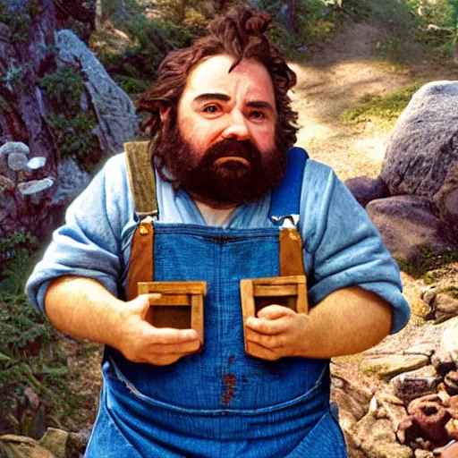 Image similar to a pudgy dwarf wearing blue overalls with full beard and a pocketful of gems holding a pickax, high resolution film still, HDR color, movie by Wolfgang Petersen and Peter Jackson