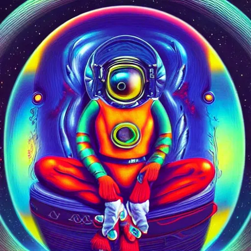 Image similar to psychedelic astronaut attaining enlightenment in the style of octavio ocampo naoto hattori, cg society, trending on artstation, award winning