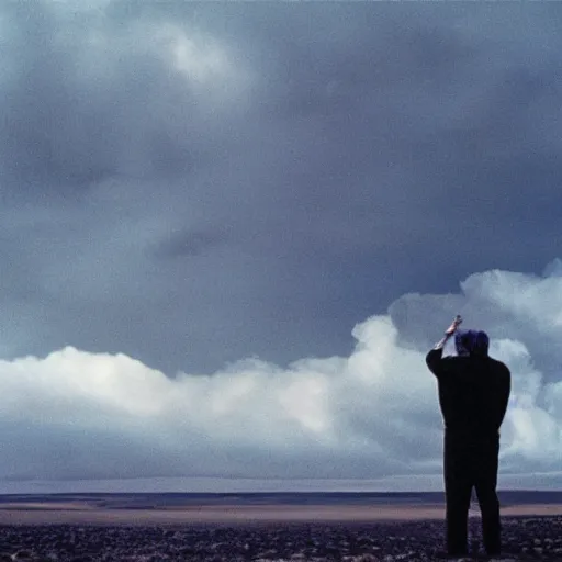 Image similar to a enormously big futuristic space ship hardly can be seen through clouds shifting towards the earth, a man in the middle of the scene watching it from the ground, by Roger Deakins, by Stanley Kubrick, cinestill 800t, trending on artstation, by Christopher Nolan