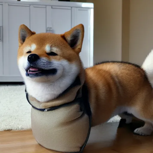 Image similar to doge the shiba - inu as a metallic cyborg, in a sunny suburban living - room.