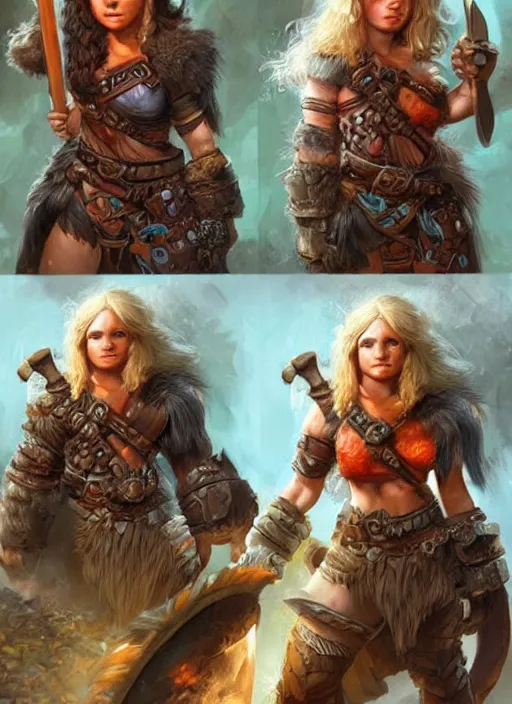 Image similar to halfling female barbarian, ultra detailed fantasy, dndbeyond, bright, colourful, realistic, dnd character portrait, full body, pathfinder, pinterest, art by ralph horsley, dnd, rpg, lotr game design fanart by concept art, behance hd, artstation, deviantart, hdr render in unreal engine 5