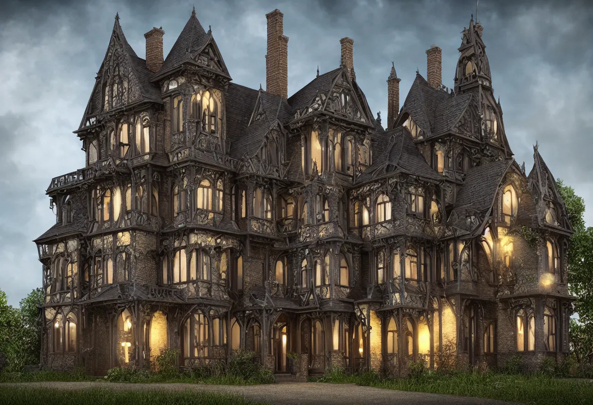 Prompt: gothic victorian house in the country, pixar, sparkly ultra realistic octane render