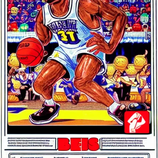 Prompt: A beautiful, highly detailed illustration of the intimidating 'last boss of pro basketball' in an NES instruction manual