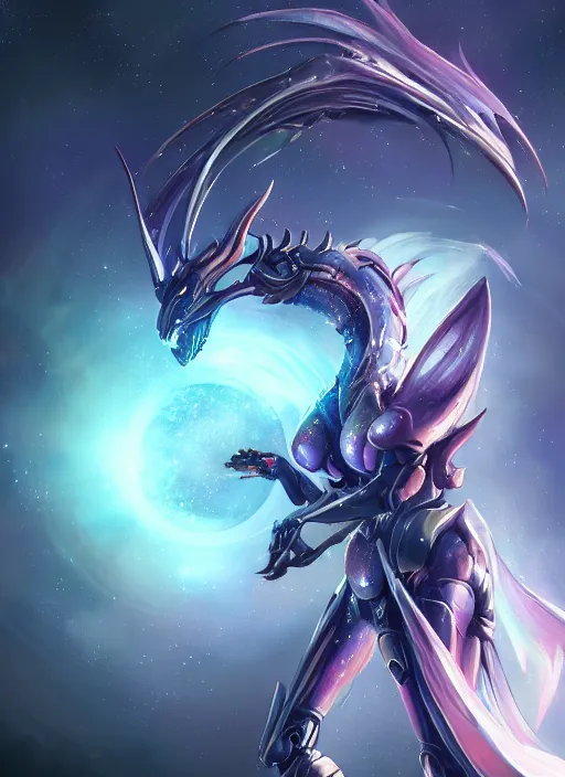 Image similar to cinematic goddess shot, cosmic sized perfectly proportioned stunning beautiful hot anthropomorphic robot mecha female dragon, in space, nebula background, larger than galaxies, holding galaxy, sharp claws, sleek silver armor, epic proportions, epic size, epic scale, digital art, furry art, macro art, dragon art, giantess art, warframe fanart, furaffinity, deviantart