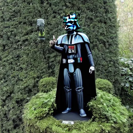 Image similar to Darth Vader covered in ivy and moss, in an overgrown garden