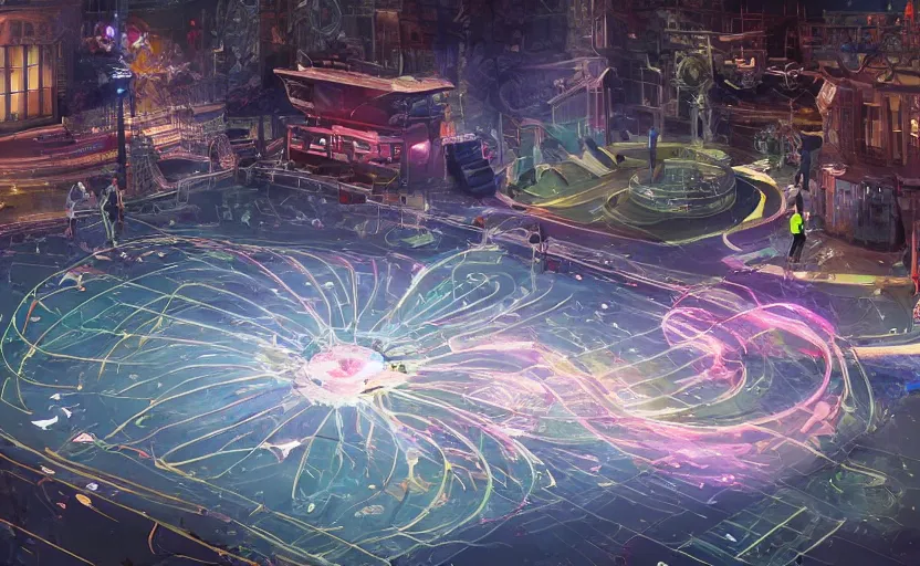 Image similar to pepople and a spiral - shaped white luminous attractor is floating on the ground in soviet city, concept art, art for the game, professional lighting, art painted in street style