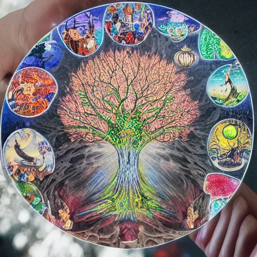 Image similar to tree of life, yggdrasil, arts and crafts, sticker bomb, mixed media, moody lighting, volumetric light, by hieronymus bosch, by katsushika hokusai, by laurie lipton
