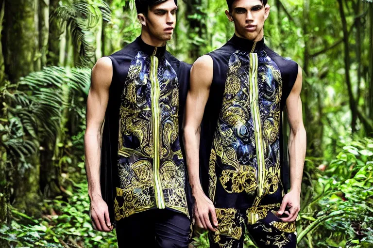 Image similar to versace avant garde male tunics posing in the jungle woods intricate modern choatic textiles streetwear cyberpunk dark cloudy overcast