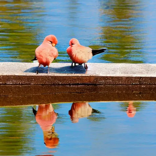 Prompt: lovebirds sitting in water, reflective, sunny day, landscape photography