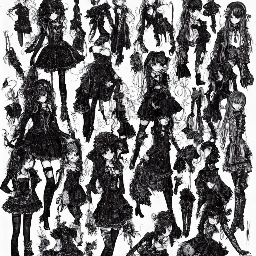 Image similar to anatomy of a gothic lolita, fashionable, spikes, by james gurney