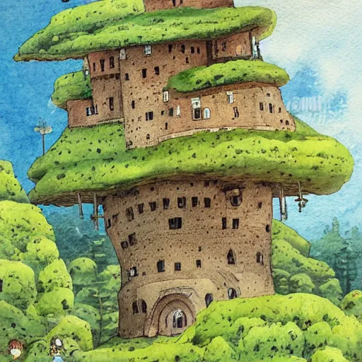 Image similar to laputa castle in the sky robot hayao miyazaki stands in a small clearing among trees, watercolor illustration for a book