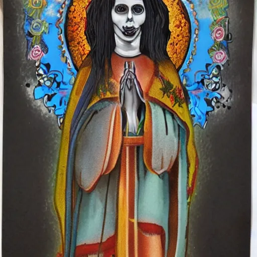 Image similar to nuestra senora de la santa muerte, mixed media