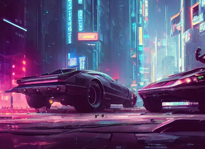 Image similar to quadra type 66 avenger as a Cyberpunk 2077 loading screen, intricate, dystopian, sci-fi, extremely detailed, digital painting, artstation, concept art, smooth, sharp focus, illustration, intimidating lighting, incredible art by artgerm and greg rutkowski and alphonse mucha and simon stalenhag