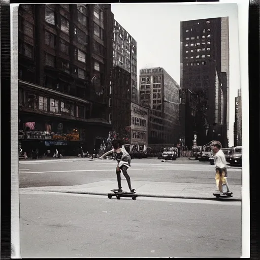 Image similar to wide-shot very low-angle eyesight photo of a skateboard at the street in New York, polaroid photo, by Andy Warhol, signed