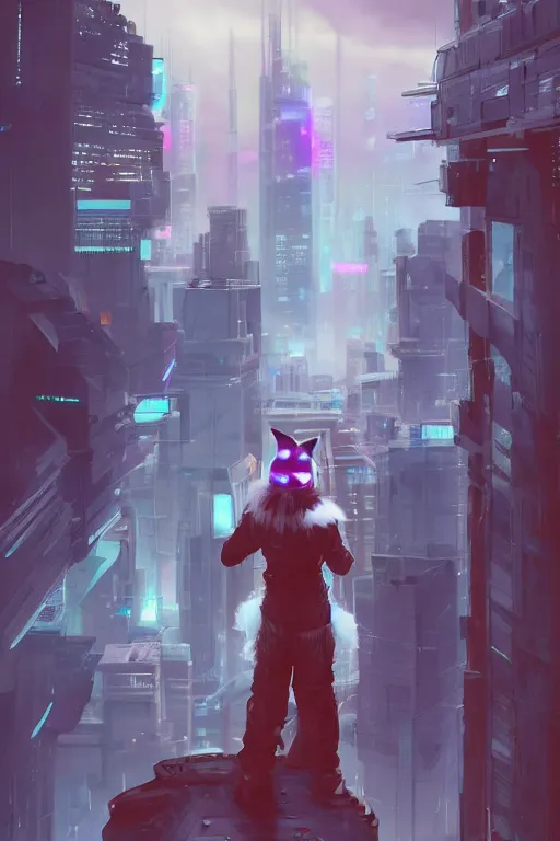 Image similar to a cyberpunk anthropomorphic fox with a fluffy tail staring over a futuristic city from the top of a roof, comic art, trending on furaffinity, cyberpunk, backlighting, cartoon