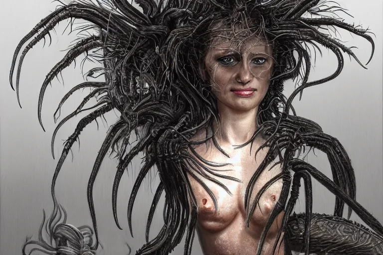 Image similar to A photorealistic portrait painting of a hideous woman with giant spider legs and hair needles crawling out of a volcano, illustration, detailed, award-winning, trending on artstation, 4k by H.R. Giger -1024